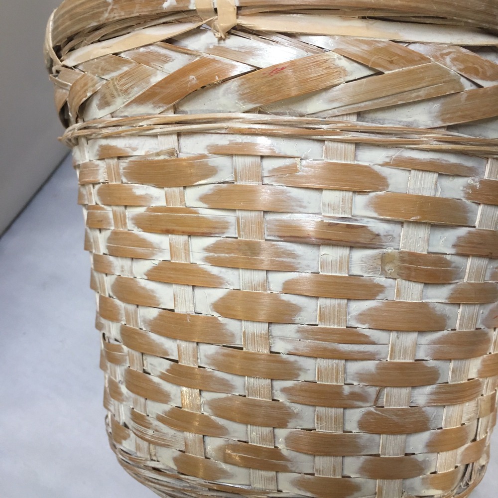 Woven Wicker Basket Small Tan Whitewashed Round Boho Decor Coastal Waste Bin - Picture 4 of 6